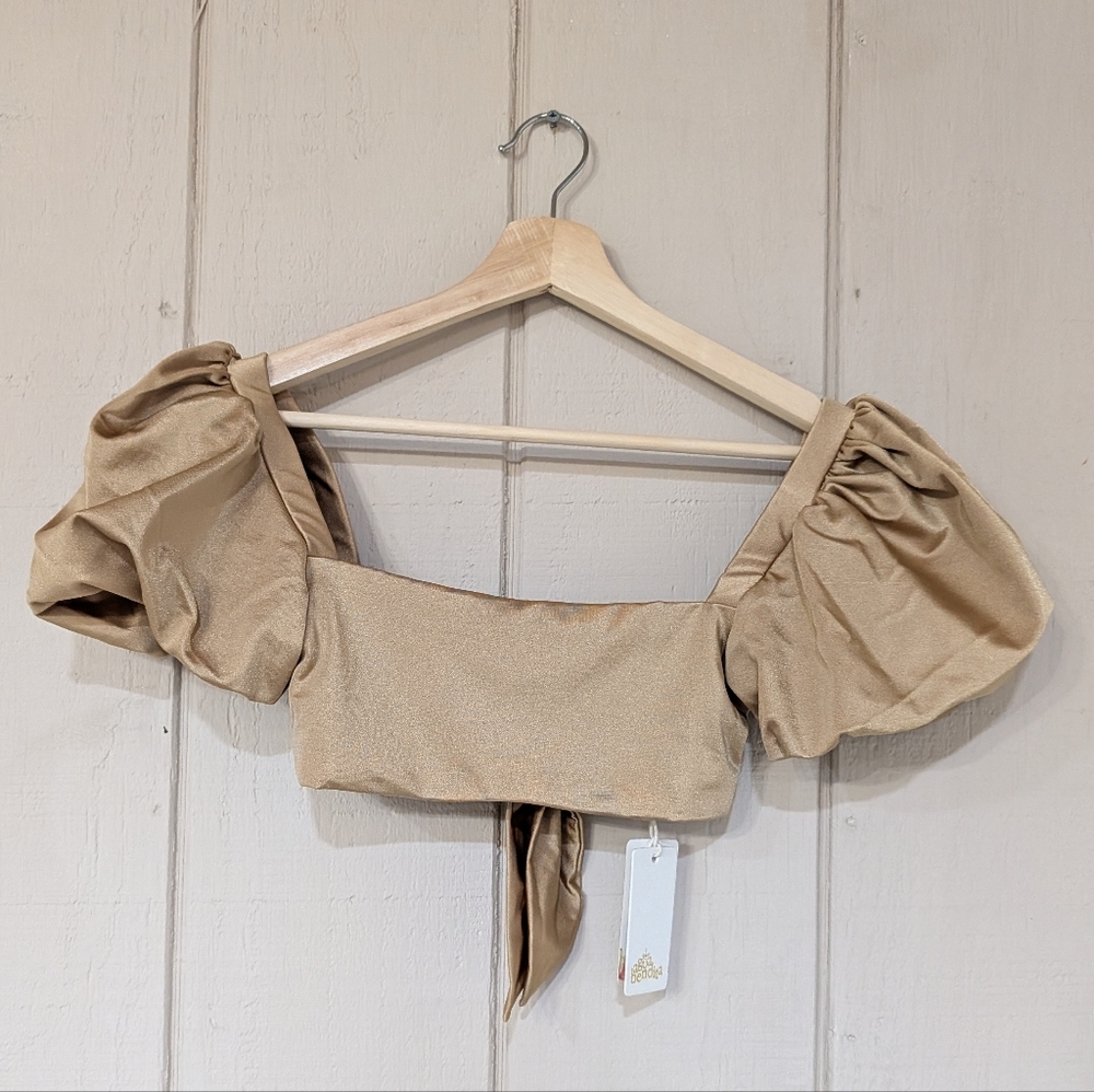 Agua‎ Bendita Free People Calista Puff Sleeve Bikini Top Gold NWT